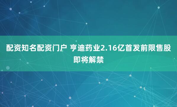 配资知名配资门户 亨迪药业2.16亿首发前限售股即将解禁